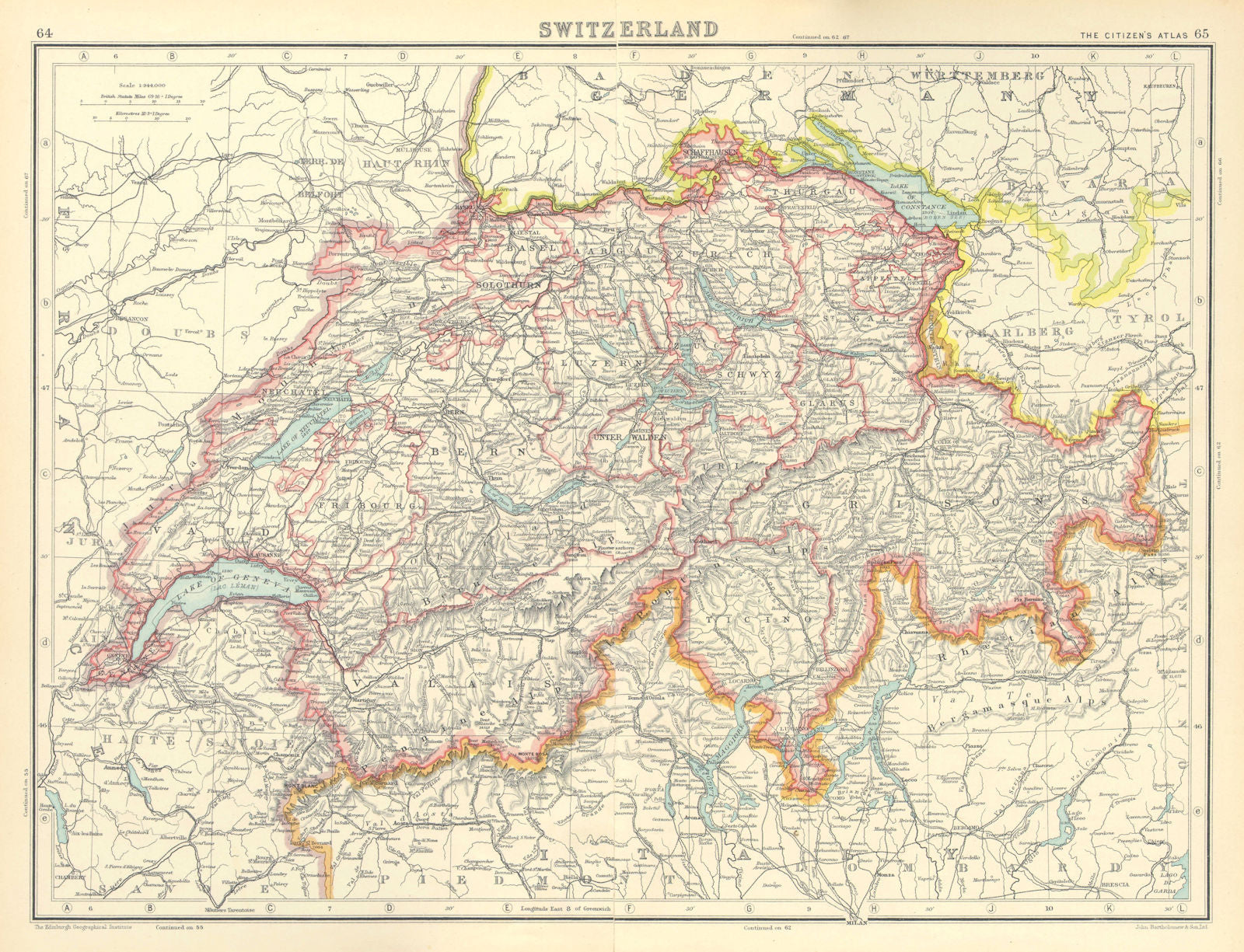 SWITZERLAND. Shows Cantons, railways. BARTHOLOMEW 1924 old antique map chart